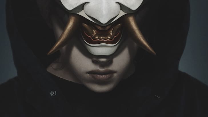 oni mask, digital art, mask, Yuri Shwedoff, HD wallpaper