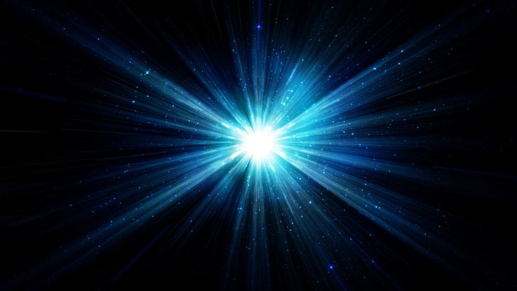 blauer und schwarzer heller Strahl, Minimalismus, digitale Kunst, Sterne, Supernova, schwarzer Hintergrund, blau, HD-Hintergrundbild