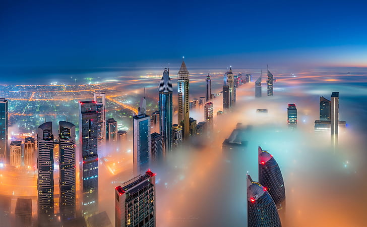 Градове, Дубай, сграда, град, мъгла, светлина, нощ, небе, небостъргач, Обединени арабски емирства, HD тапет