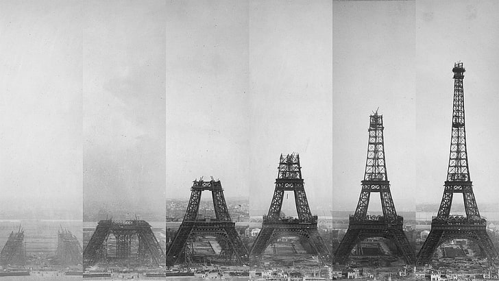 Effel tower illustration, Eiffel Tower, tower, France, architecture, building, constitutions, historic, monochrome, collage, HD wallpaper