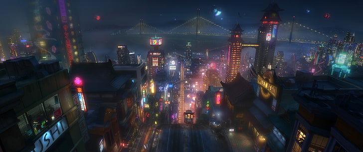 fotografia aerea di edifici, San Fransokyo, film d'animazione, paesaggio urbano, Sfondo HD