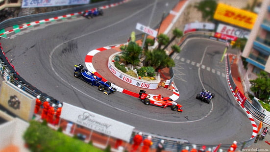 3つの赤と青のレーシングカー、ティルトシフト、車、モナコ、レースカー、ヘアピンターン、レーストラック、GP2、 HDデスクトップの壁紙 HD wallpaper