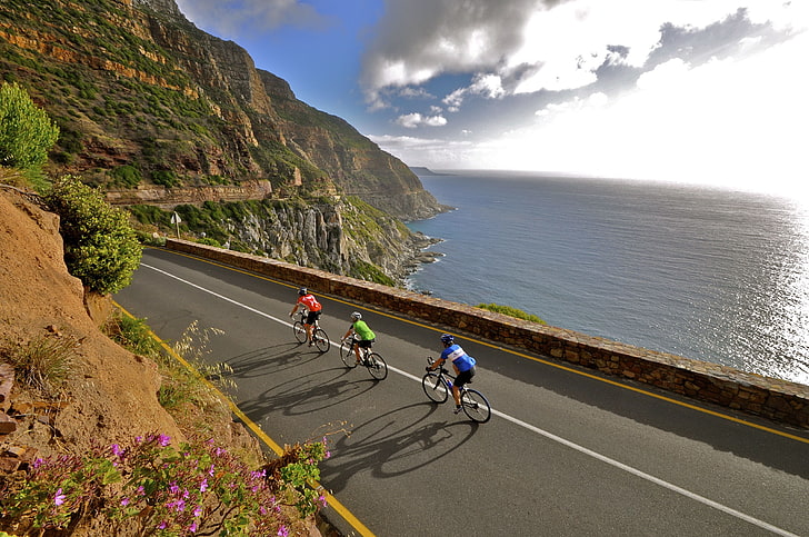 Cidade do Cabo, Chapman's Peak, mar, montanhas, ciclismo, estrada, nuvens, África do Sul, HD papel de parede