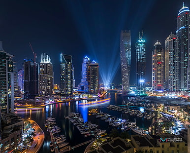 Emiratos Árabes Unidos ciudad de Dubai Marina, luz, noche, luces nocturnas, Emiratos Árabes Unidos ciudad de Dubai Marina, Fondo de pantalla HD HD wallpaper