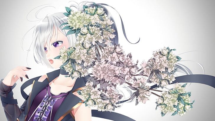 аниме, аниме момичета, къса коса, Vocaloid, цветя, бяла коса, Flower (Vocaloid), HD тапет