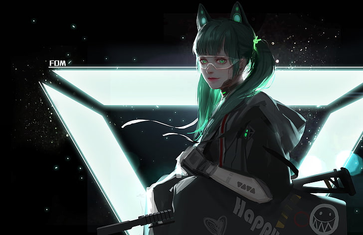 gadis anime, telinga neko, telinga kucing, rambut hijau, pistol, mata hijau, twintail, Wallpaper HD