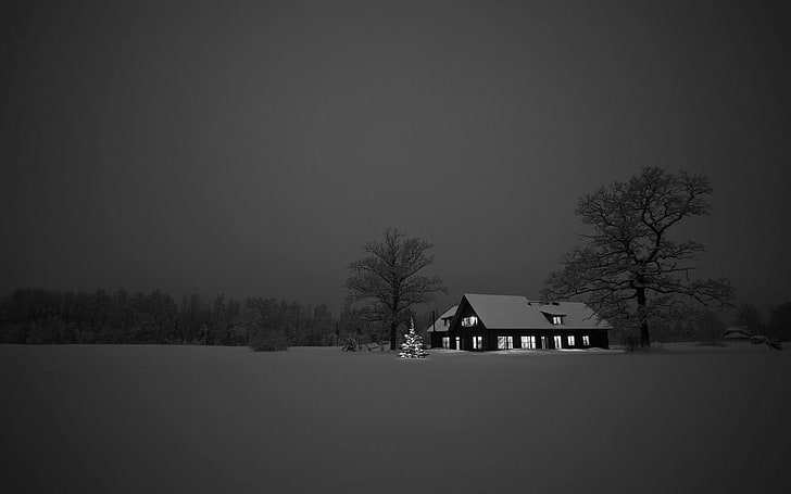 svart och grått hus, snö, hus, mörkt, brunt, HD tapet