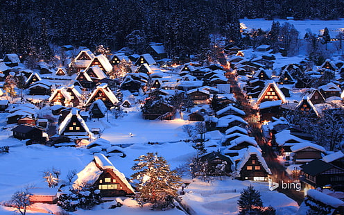 zima, śnieg, noc, światła, Japonia, dolina, wyspa Honsiu, Gokayama, Shirakawa-go, Tapety HD HD wallpaper