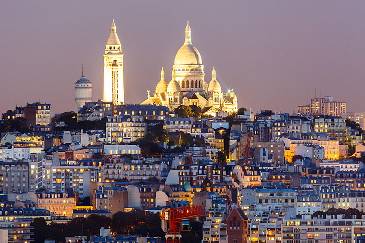 malam, lampu, Prancis, Paris, rumah, bukit, Montmartre, sacré-Coeur, Wallpaper HD