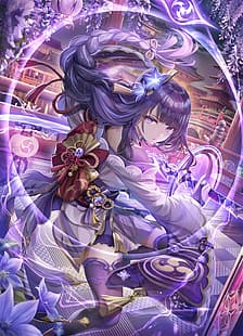 Raiden Shogun (Genshin Impact), Genshin Impact, cheveux violets, yeux violets, personnages du jeu, anime girls, œuvres d'art, épée, vêtements japonais, Fond d'écran HD HD wallpaper
