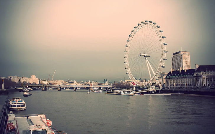 Лондонско око, Лондон, градски пейзаж, вода, виенско колело, река Темза, HD тапет