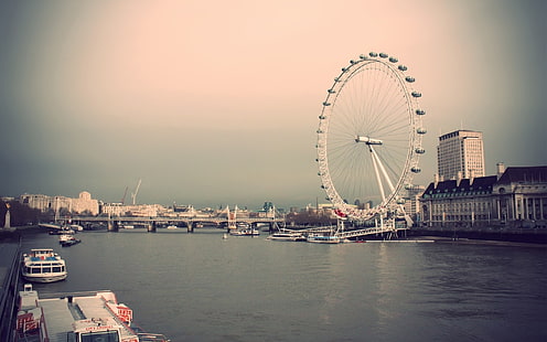 Лондонско око, Лондон, градски пейзаж, вода, виенско колело, река Темза, HD тапет HD wallpaper