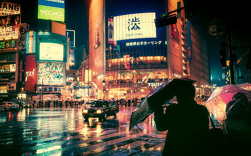 Time Square, New York, stad, natt, gatubelysning, regn, Japan, HD tapet HD wallpaper