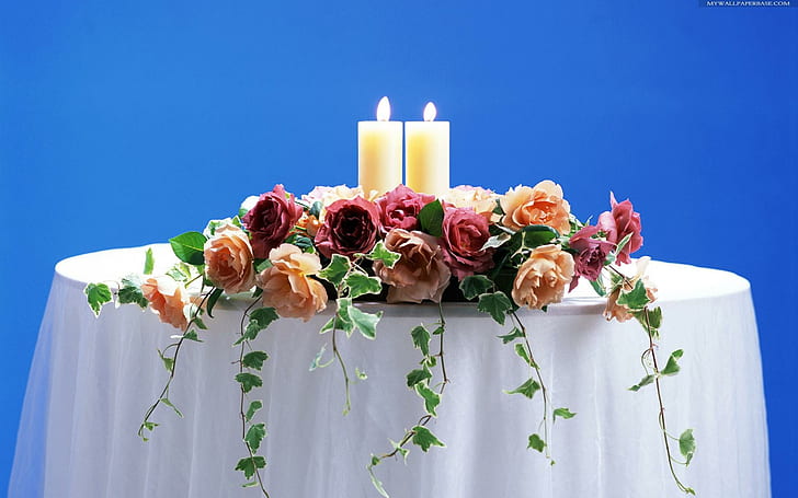Flowers & Cles, wedding arrangement, burning candles, table, white, beautiful, fullcolours, flowers, 3d and abstra, HD wallpaper