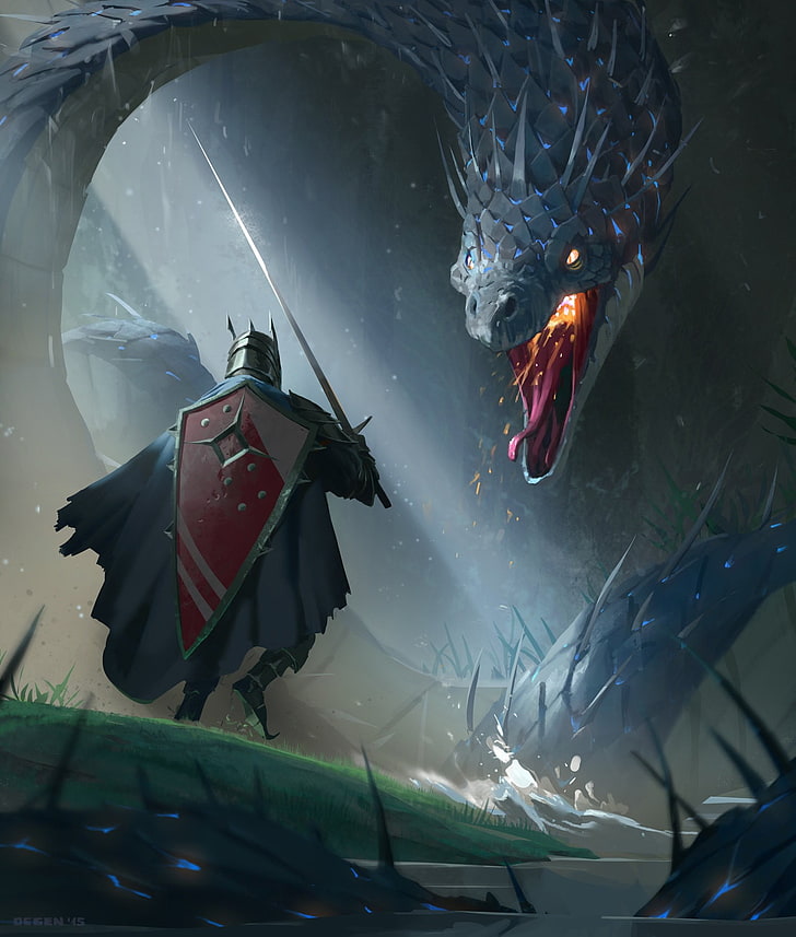 illustrazione di drago e cavaliere, fantasy art, cavaliere, drago, Sfondo HD, sfondo telefono