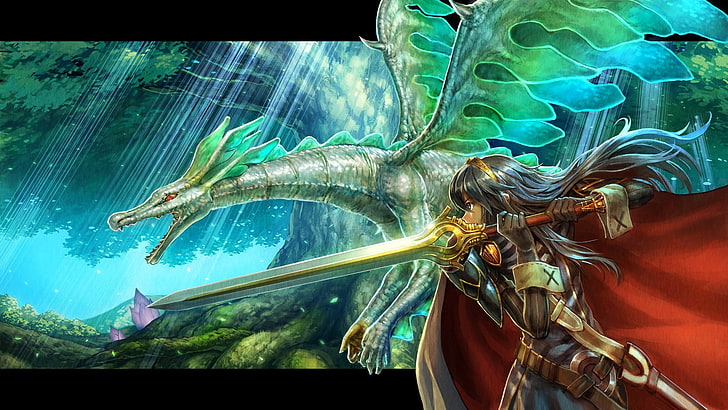 жена, държаща меч до тапет на дракон, Огнена емблема, Lucina, HD тапет