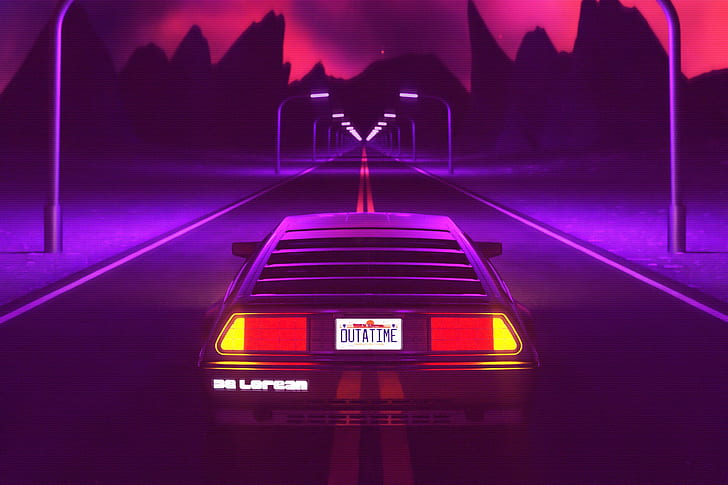 neon, samochód, pojazd, DeLorean, synthwave, Tapety HD