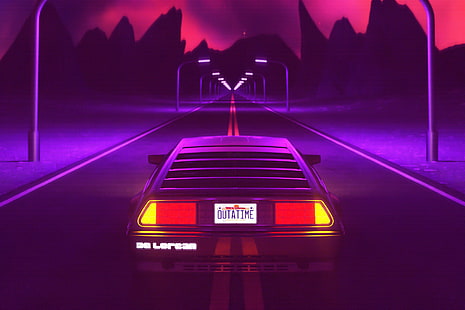  neon, car, vehicle, DeLorean, synthwave, HD wallpaper HD wallpaper