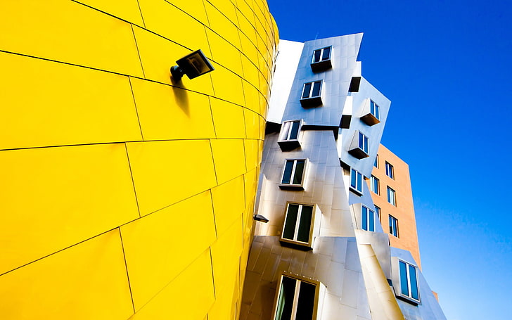 Frank Gehry architecture-Cities HD Wallpaper สถาปัตยกรรมบ้าน 3 มิติสีเหลืองและสีเทา, วอลล์เปเปอร์ HD