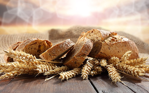 gebackenes Brot und Weizen, Schreibtisch, Ohren, Bokeh, Scheiben, Brot, HD-Hintergrundbild HD wallpaper