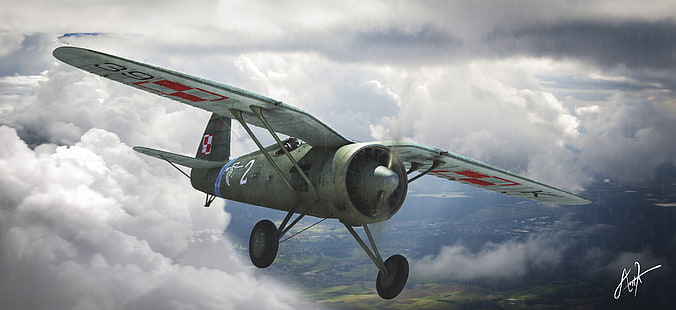 the sky, figure, art, fighter-monoplane, single-engine, WW2, Polish, PZL P.11, HD wallpaper HD wallpaper