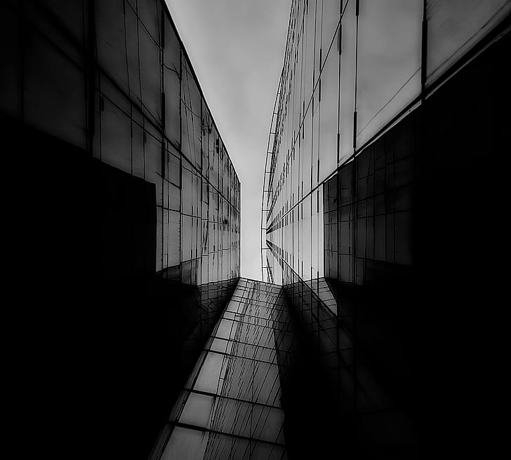 grayscale photo of high rise building, trilogy, number one, grayscale, photo, high rise building, Barcelona  b, bandw, architecture, reflections, black And White, window, construction Industry, built Structure, vanishing Point, urban Scene, office Building, futuristic, modern, steel, reflection, building Exterior, glass - Material, HD wallpaper