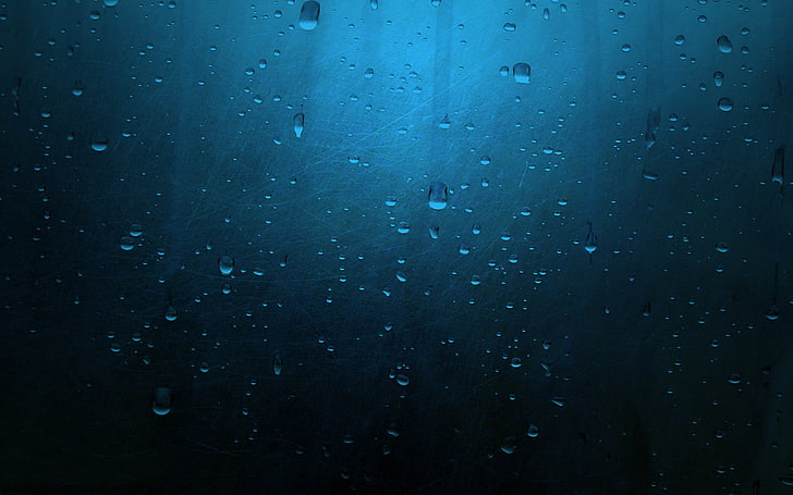 carta da parati liquida blu, pioggia, blu, acqua su vetro, gocce d'acqua, arte digitale, Sfondo HD
