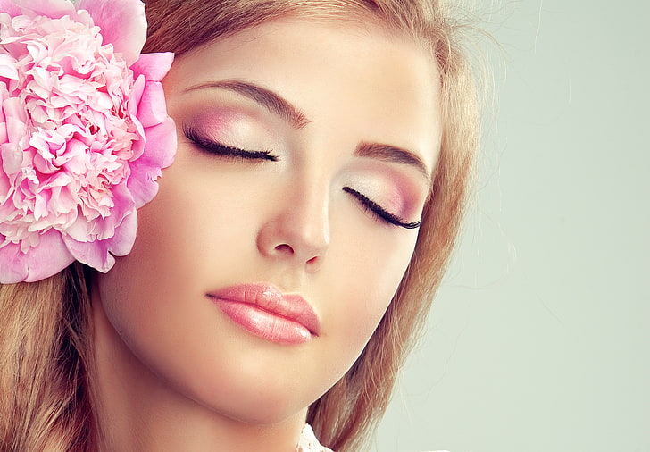 pink flowers, flower, girl, face, smile, makeup, make-up, HD wallpaper