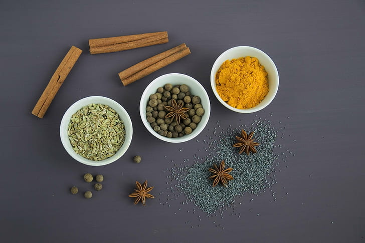anise, aroma, cinnamon, cooking, cooking food, dark background, fennel, food, ingredient, kitchen, mack, pepper, powder, seasoning, seeds, spices, sprockets, star anise, turmeric, HD wallpaper