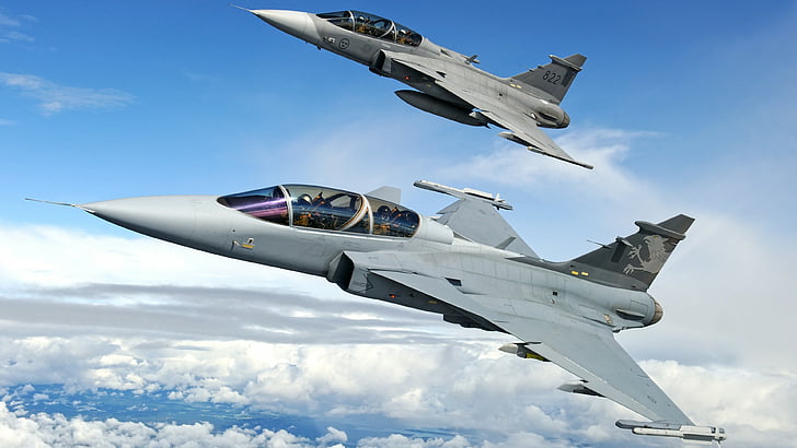 vicino foto di due aerei da combattimento grigi, Saab JAS 39 Gripen, aereo da caccia, aeronautica svedese, Sfondo HD