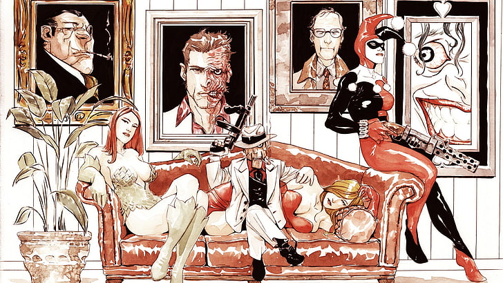 Two-Face and Harley Quinn illustration、DC Comics、Harley Quinn、Dustin Nguyen、Poison Ivy、Joker、The Penguin、Two-Face、The Ventriloquist、 HDデスクトップの壁紙