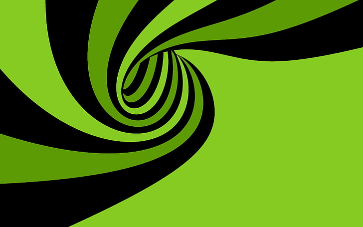 wallpaper bergaris hitam dan hijau ilusi digital, spiral, seni vektor, abstrak, seni digital, hijau, hitam, Wallpaper HD