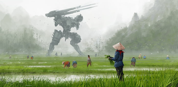 иллюстрация, пейзаж, робот, научная фантастика, Якуб Ружальский, коса, Metal Gear Rex, Metal Gear Solid, мех, HD обои