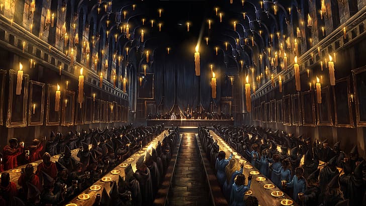 Harry Potter, Hogwarts, interior, kastil, lilin, penyihir, penyihir, aula besar, Wallpaper HD