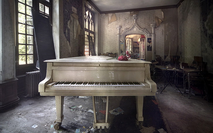 white grand piano, music, room, piano, HD wallpaper