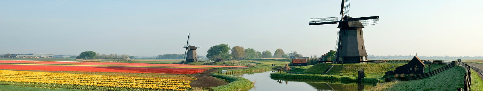 windmill, water, flowers, grass, sky, green, red, blue, yellow, trees, town, holland, Netherlands, panorama, Europe, field, HD wallpaper HD wallpaper