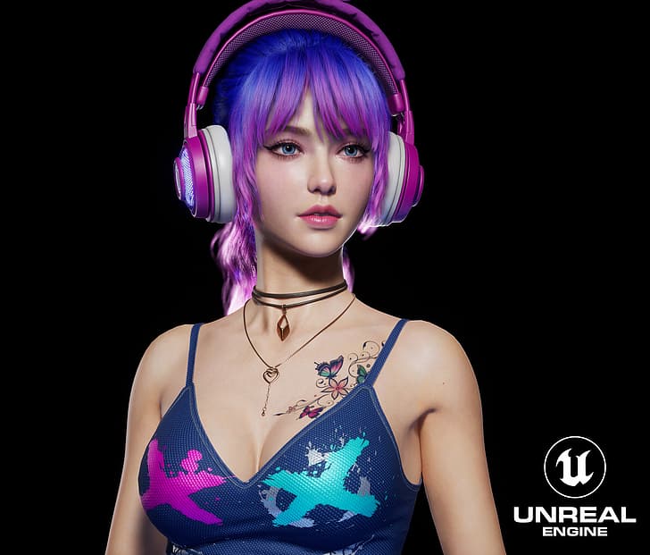 Long Tai Zi, CGI, women, dyed hair, headphones, colorful, pink, blue, necklace, tattoo, black background, blue eyes, eyeliner, HD wallpaper