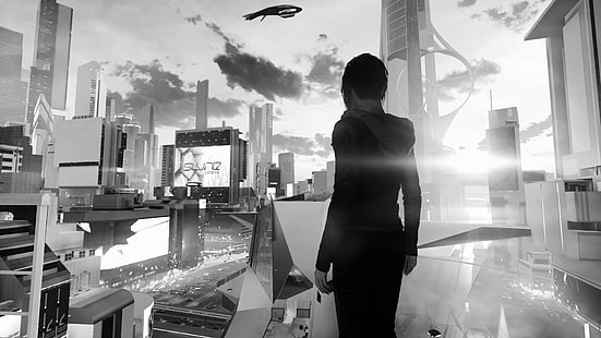 Mirror's Edge, Mirror's Edge Catalyst, videogames, monocromático, paisagem urbana, futurista, HD papel de parede HD wallpaper