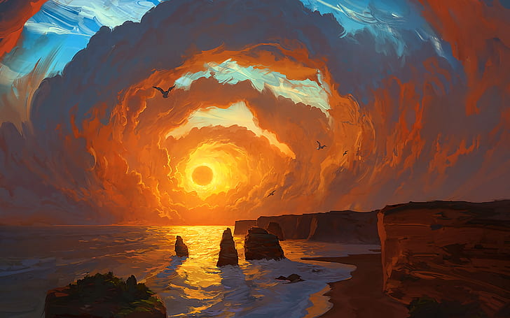pemandangan, laut, matahari terbenam, awan, lukisan, karya seni, seni digital, Wallpaper HD