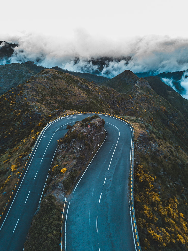 green mountain, madeira, road, clouds, mountains, Portugal, Twist, highway, HD wallpaper