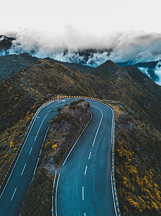 зелена планина, Мадейра, път, облаци, планини, Португалия, Twist, магистрала, HD тапет HD wallpaper