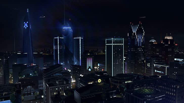 Detroit, Detroit werden menschlich, Nacht, Lichter, Hubschrauber, Neonlichter, Science Fiction, Videospiel, Wolkenkratzer, Dachgarten, Dächer, HD-Hintergrundbild