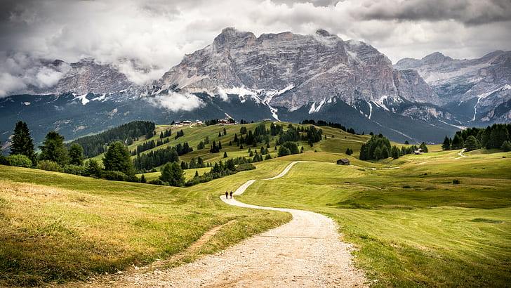 person walking on pathway between green grass field through grey mountain during daytime, alta badia, italy, alta badia, italy, Alta Badia, Trentino Alto Adige, Italy, Landscape photography, person, walking on, pathway, green grass, grey, mountain, daytime, a7, clouds, contrast, dolomites, dolomiti, europe, full frame, landscape, leading  light, lines, nature, outdoor, path, people, photo, photography, sky, sony a7, travel, walking, Trentino-Alto Adige, portfolio, european Alps, summer, outdoors, scenics, meadow, HD wallpaper