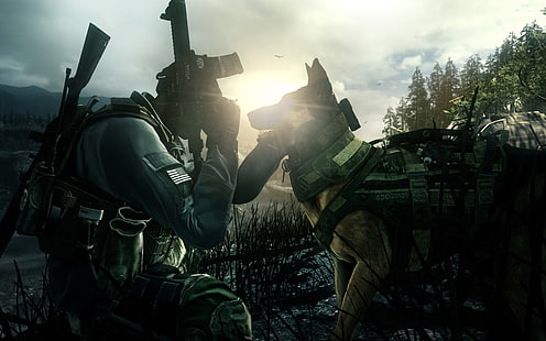 мъж, облечен в черен костюм до дигитален тапет за приложение на немска овчарка, Call of Duty: Ghosts, войник, куче, военен, видео игри, пистолет, щурмова пушка, Call of Duty, HD тапет HD wallpaper