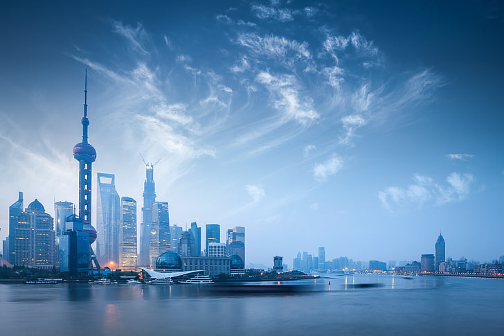 Ilustrasi menara Honkong, Shanghai, Cityscape, Wallpaper HD