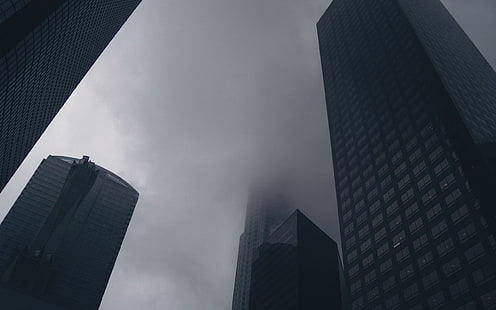 black concrete building, photography, mist, building, architecture, urban, skyscraper, HD wallpaper HD wallpaper