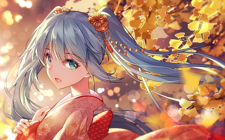 Anime, Anime Girls, Vocaloid, Hatsune Miku, Kimono, japanische Kleidung, langes Haar, blaues Haar, blaue Augen, Twintails, HD-Hintergrundbild