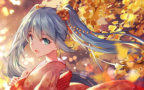 Anime, Anime Girls, Vocaloid, Hatsune Miku, Kimono, japanische Kleidung, langes Haar, blaues Haar, blaue Augen, Twintails, HD-Hintergrundbild HD wallpaper