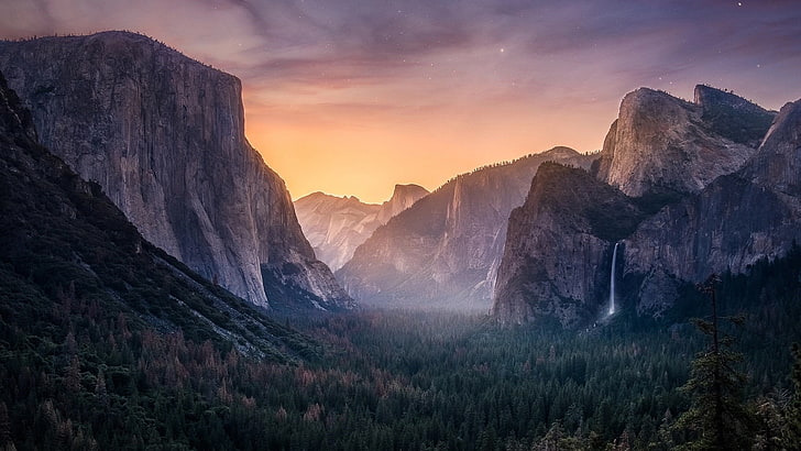 Parco nazionale Yosemite, natura selvaggia, valle Yosemite, montagna, California, Stati Uniti, parco nazionale, vista sul tunnel, Stati Uniti d'America, El Capitan, rocce della cattedrale, valle, massiccio, mezza cupola, alba, cascata, Sfondo HD