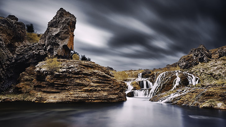 brown and black concrete house, nature, landscape, long exposure, clouds, waterfall, rock, water, rock formation, Iceland, HD wallpaper